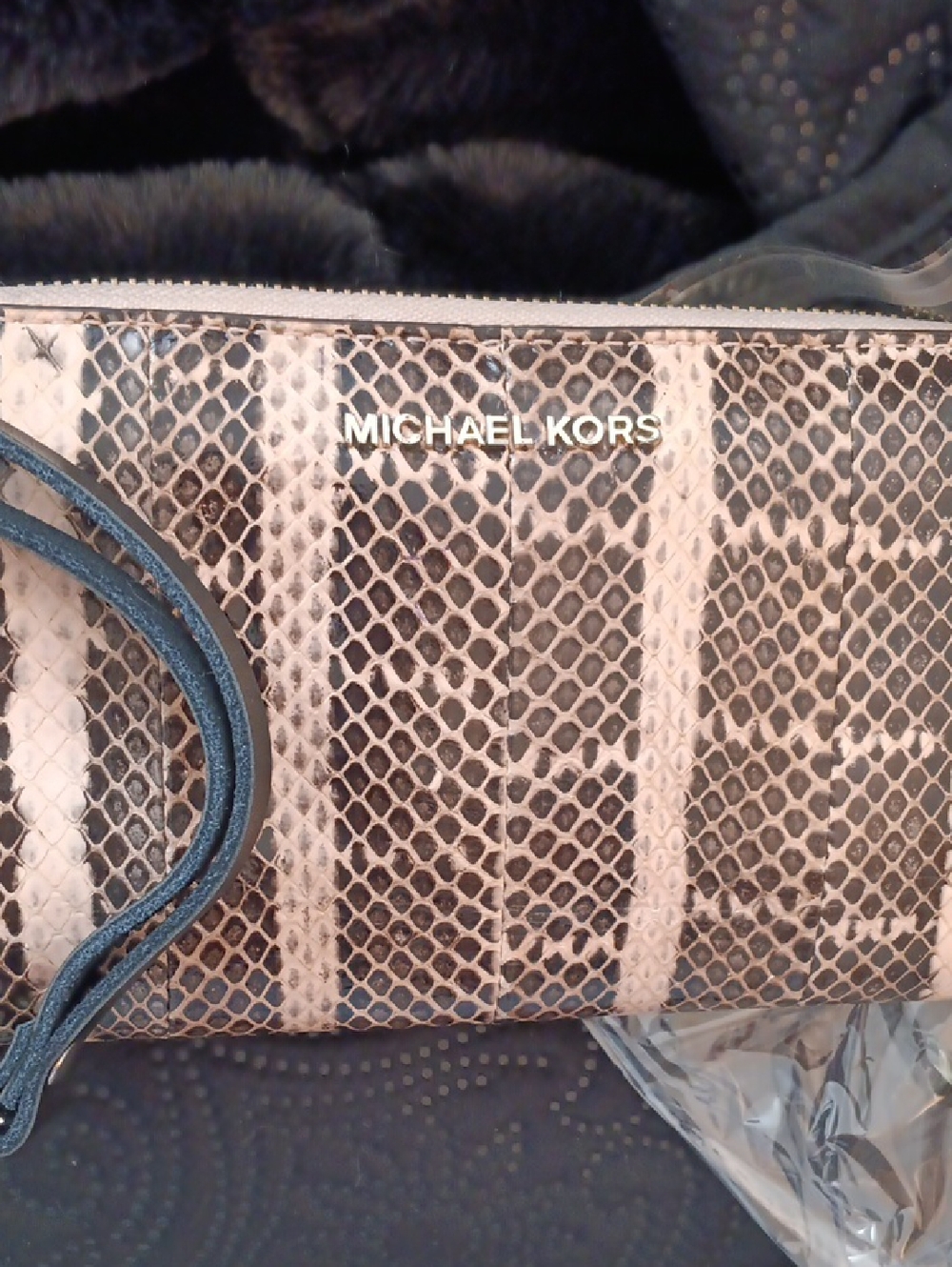 Michael Kors Beige and Brown Snakeskin-Print Zip Wristlet Wallet